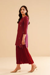 Izzie: Maroon Dress 2PC With Pleated Trouser Crystal Hand Embellishment - 470